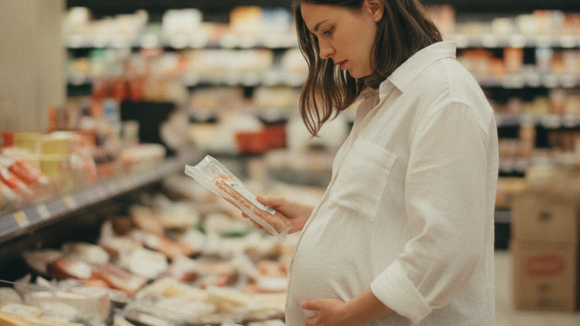 Femme enceinte vérifiant les étiquettes au rayon charcuterie d'une épicerie, arrière-plan légèrement flou, lumière naturelle d'intérieur