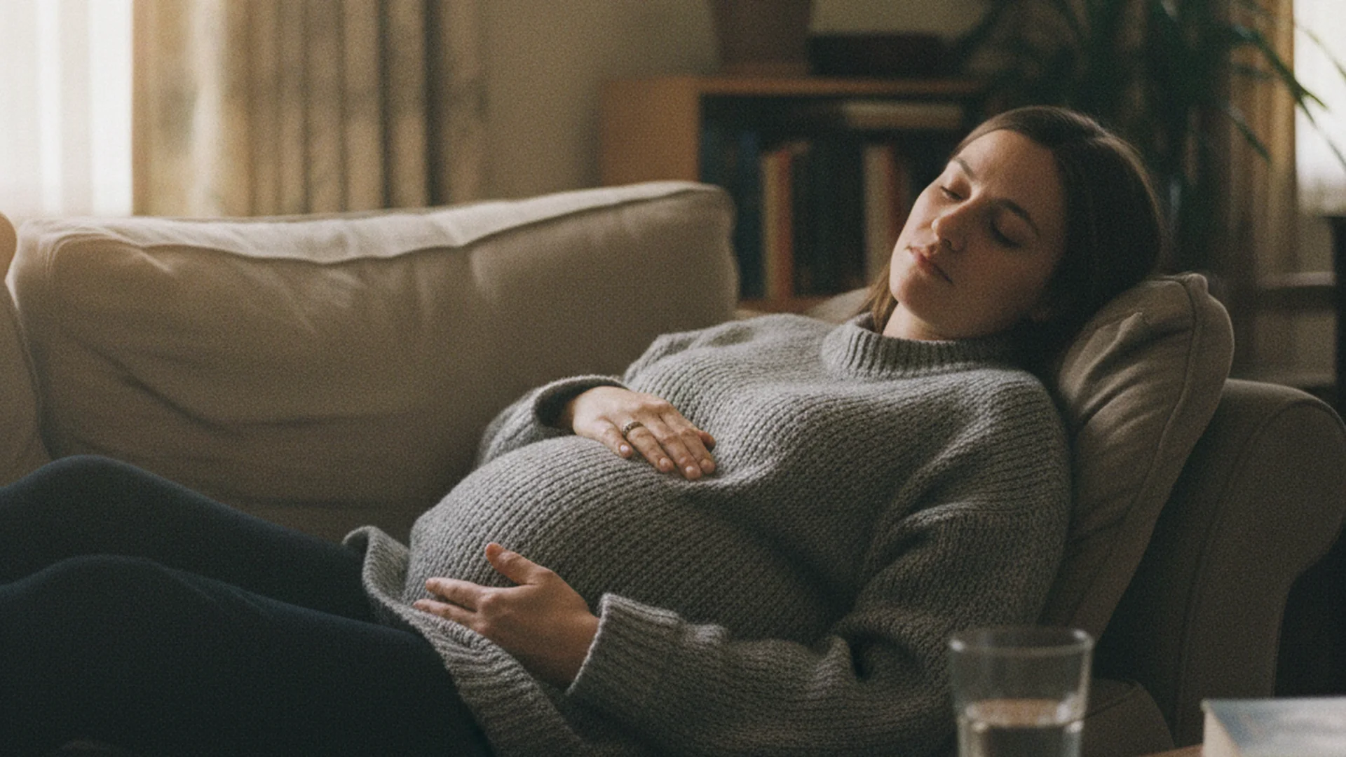 Femme enceinte allongée sur un canapé, l'air fatigué, tenant son ventre, couverture légère, lumière tamisée, photo naturelle de la vie quotidienne