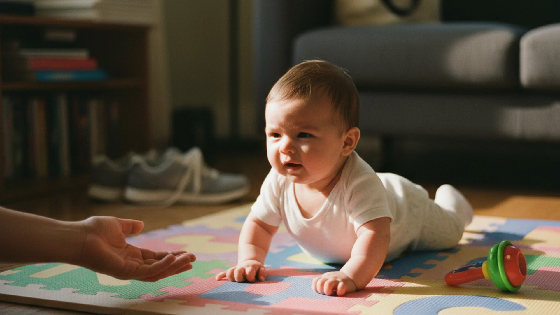 Bébé placé sur le ventre sur un tapis d'éveil ferme et coloré, tête relevée, les bras bien positionnés de chaque côté, sous le regard attentif de sa mère assise à côté
