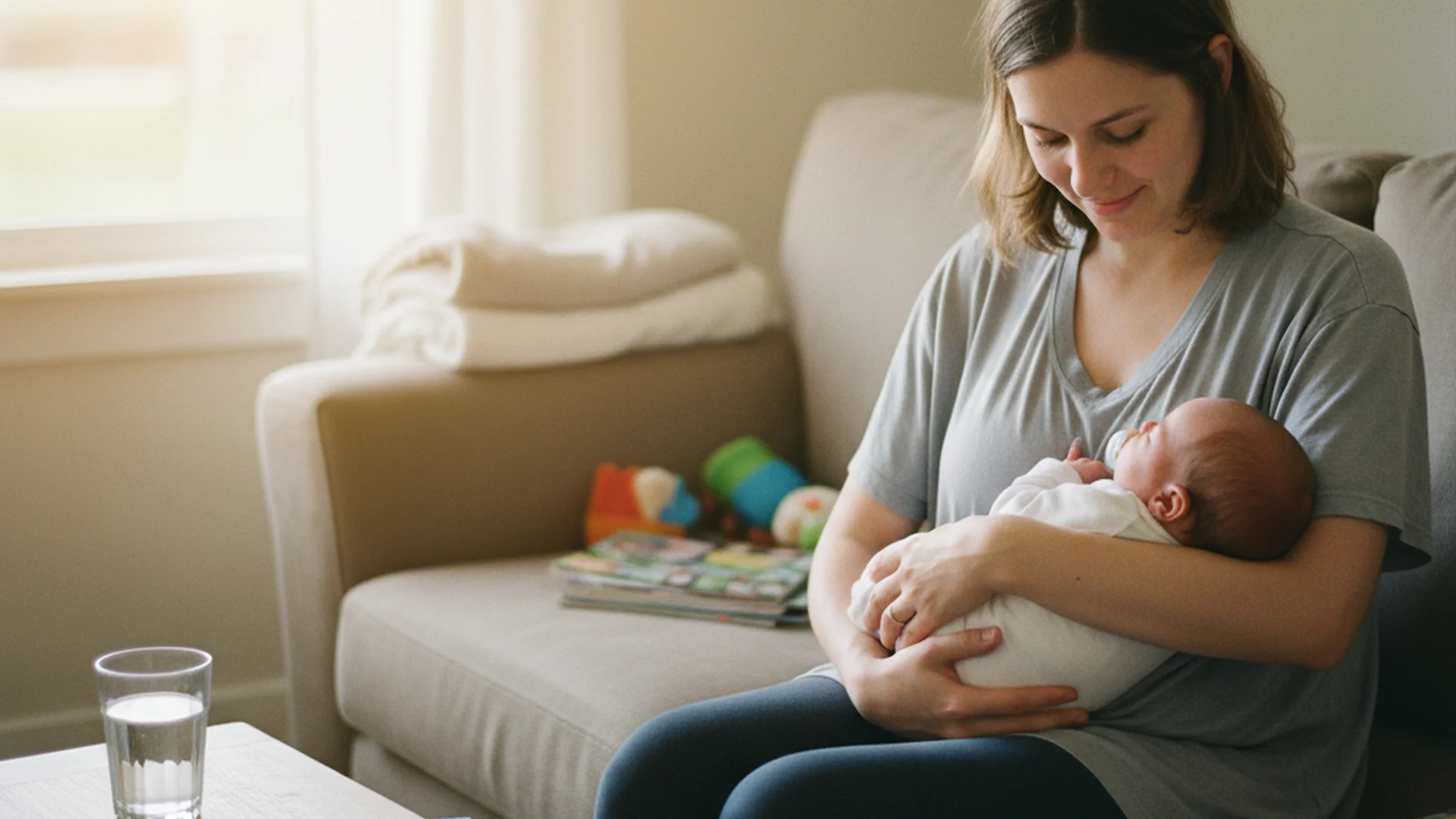 Jeune maman assise sur un canapé tenant son bébé endormi avec une tétine, lumière naturelle douce