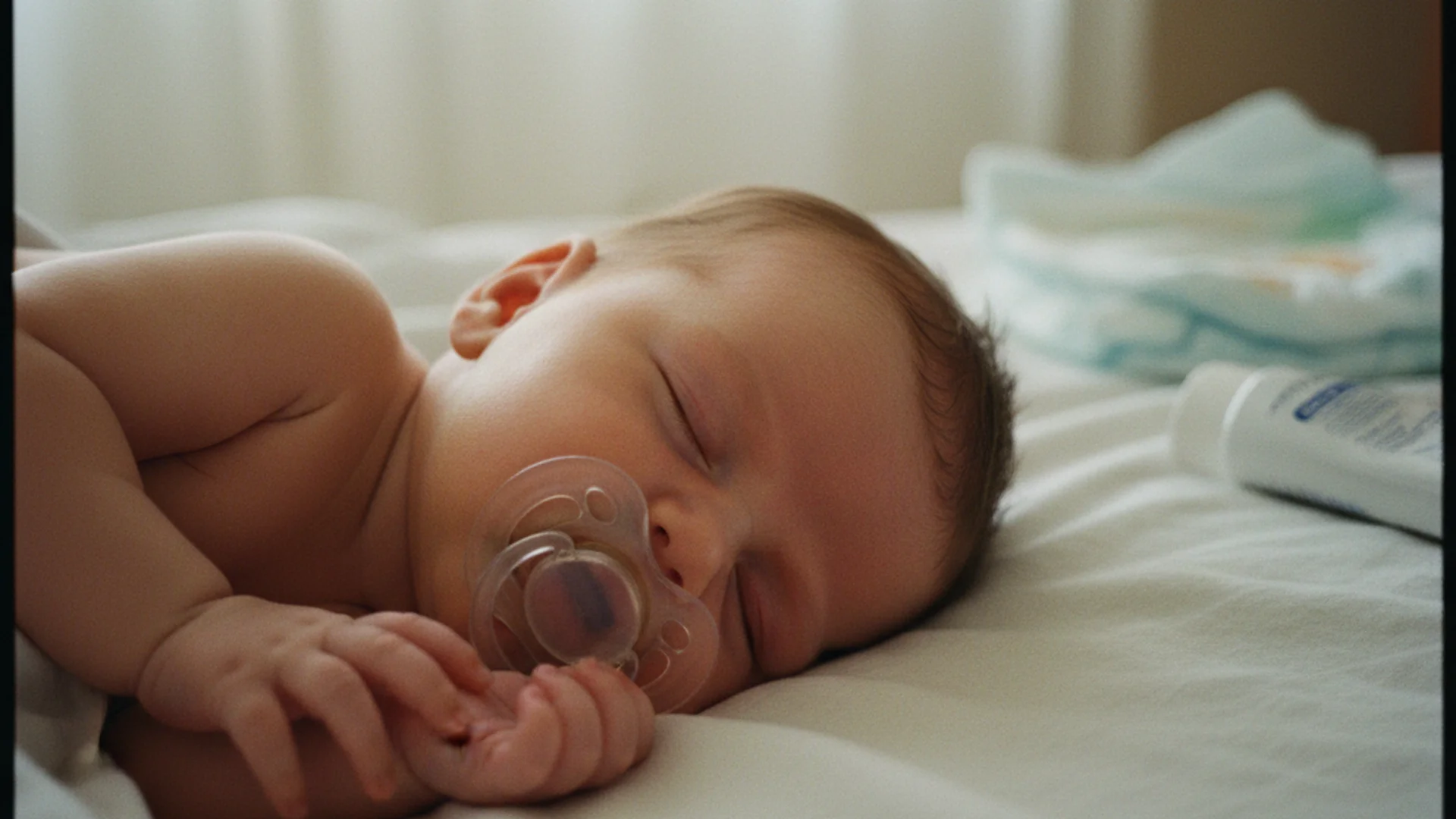 Bébé de quelques semaines endormi avec une tétine dans un berceau, lumière naturelle douce, chambre simple aux tons naturels