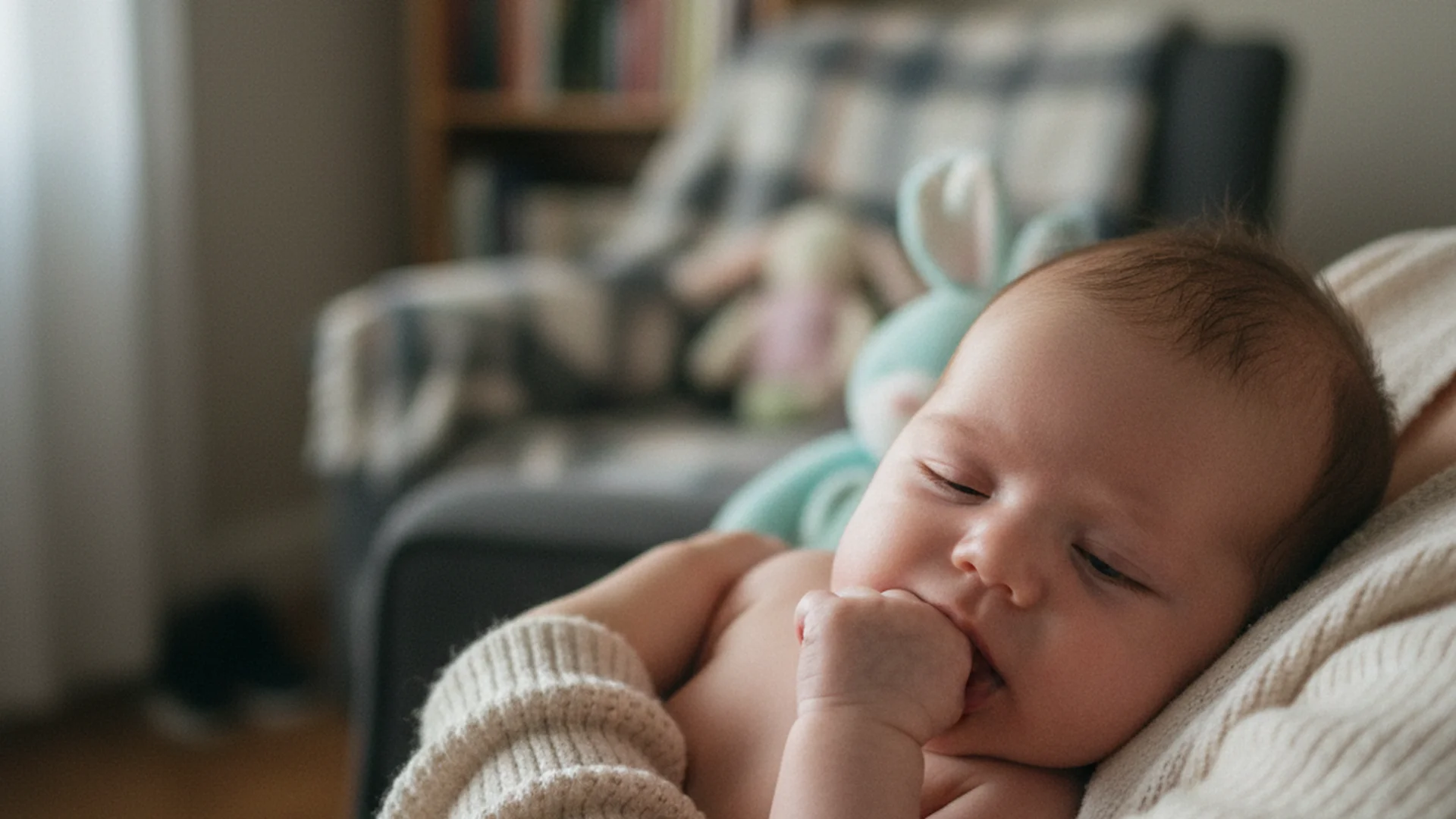 Bébé de 3 mois se suçant le pouce dans les bras d'un parent, photo naturelle non posée, lumière douce d'appartement