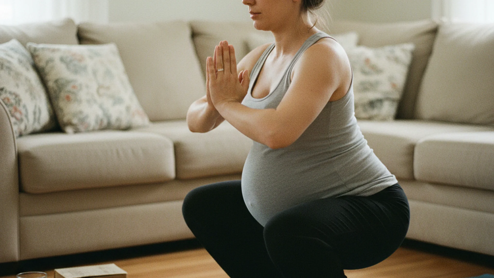 Femme enceinte au troisième trimestre en position accroupie sur un tapis de yoga, mains jointes devant elle, dans un salon chaleureux avec des coussins et des objets du quotidien en arrière-plan, photo candide légèrement décentrée